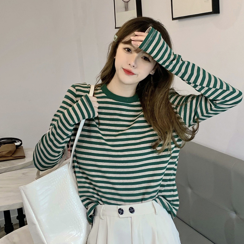 Wholesale Stripesd Bottoming Shirt Women's Long-Sleeved Autumn and Winter 2023 New Korean Style Contrasting Color Western Style Loose T-Shirt Top