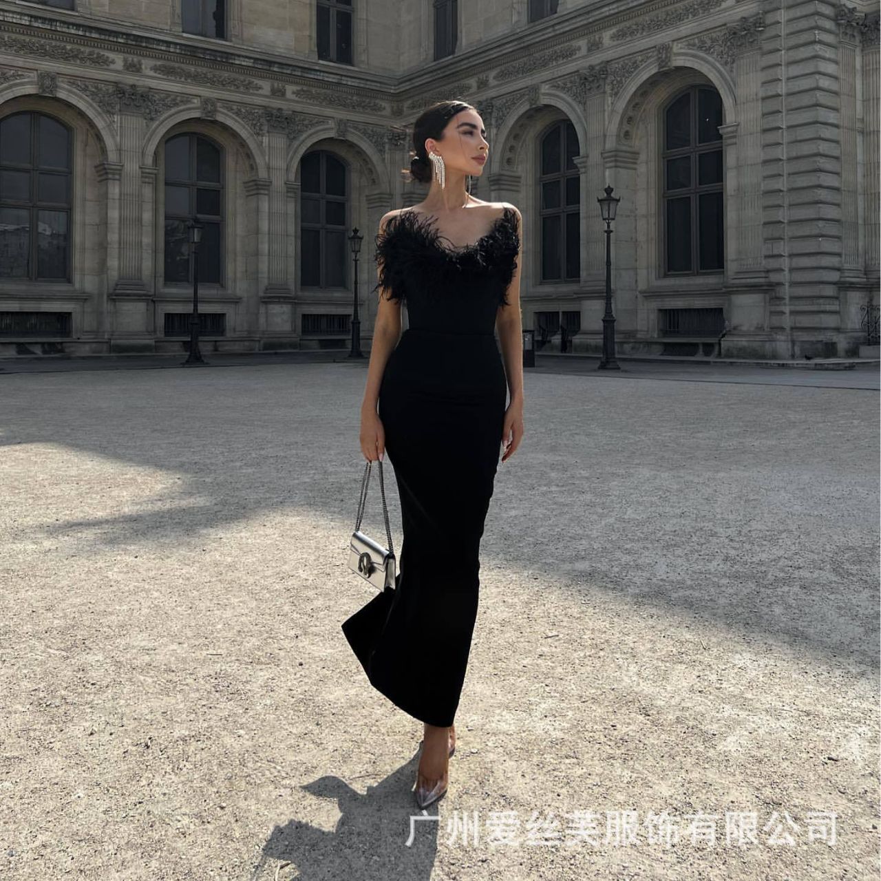 European and American Cross-Border Strapless Feather Bandage Dress, One-Piece Drop-Shipping Slit Waist-Slimming Dress, Women's Evening Dress