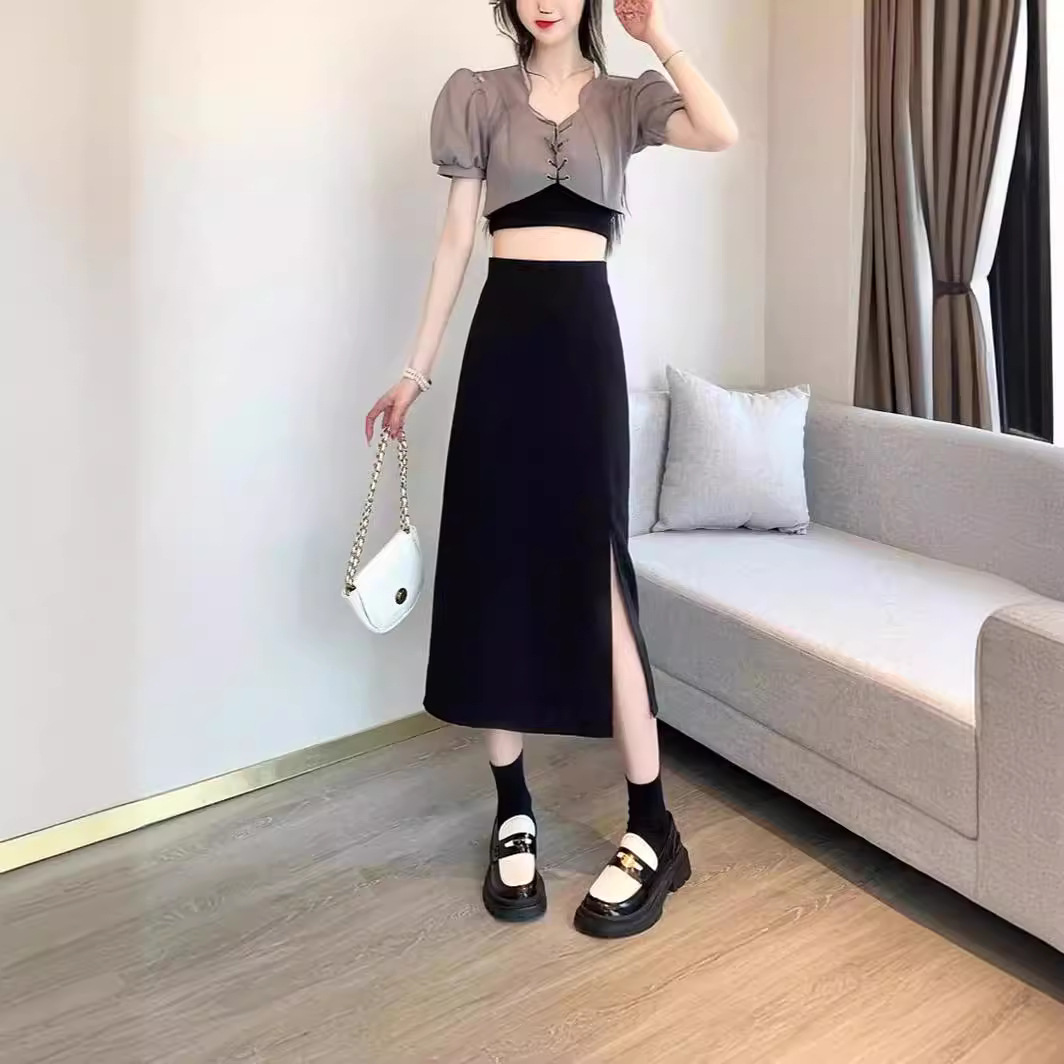 Black A- line Skirt Women's 2024 New High Waist Slimming Summer Thin Irregular Split Hip Short Culottes