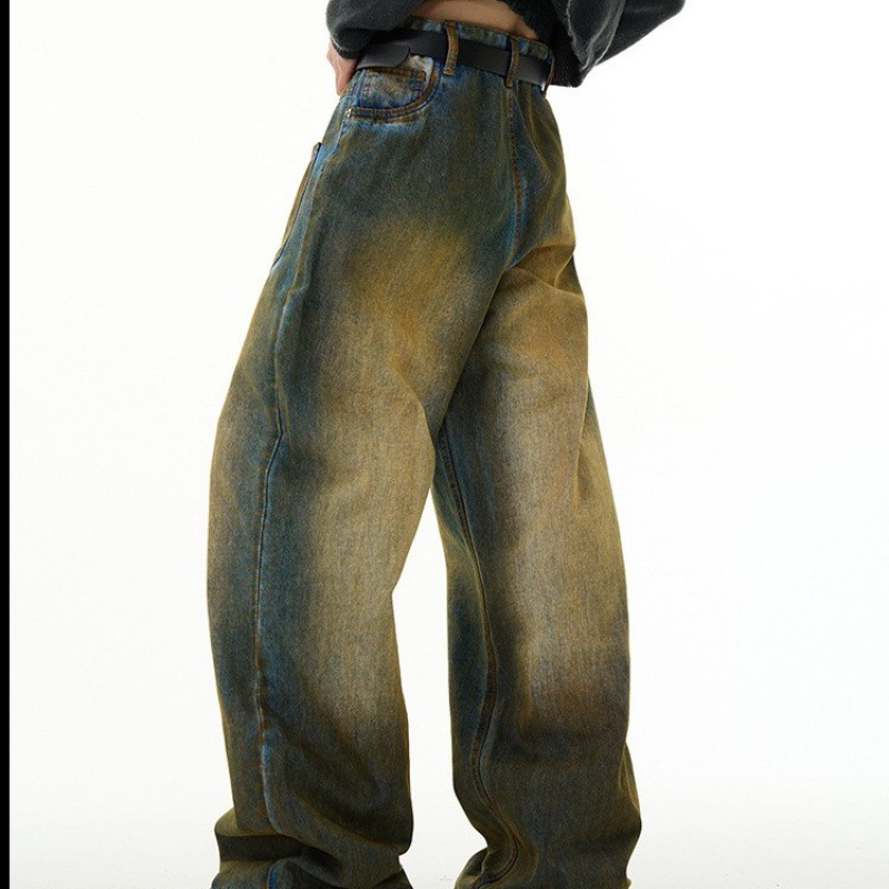 American Retro Jeans for Women in Autum Washed and Distressed Loose Large Size Straight Pants Trendy Brand Niche Design Bootcut Pants
