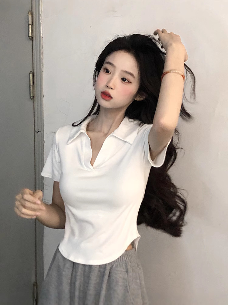 Sexy Sweet and Spicy Style Irregular Short-sleeved T-shirt Women's Summer New Style Polo Collar V-neck Slim-fit Short Top