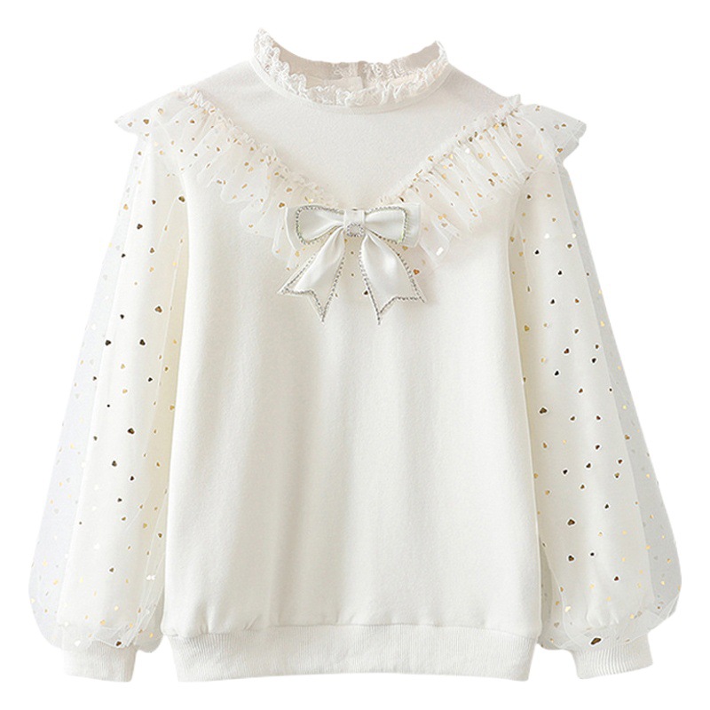 Girls' Fleece-lined Warm Sweater Mesh Bow Princess Style Top Girls' Student Girls' Base Shirt Outer Wear