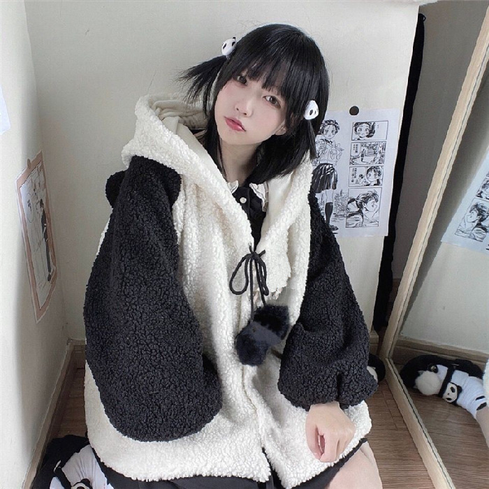Picture of Lamb Fleece Japanese Panda Autumn and Winter College Coat Loose plus size Cartoon Loose Style Casual All-match Age-reducing