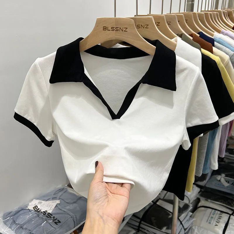 European-made Stitching Short-sleeved T-shirt Women's Instagram Fashionable Summer New Style Western-style Chic Clavicle Short Threaded Top Polo Shirt