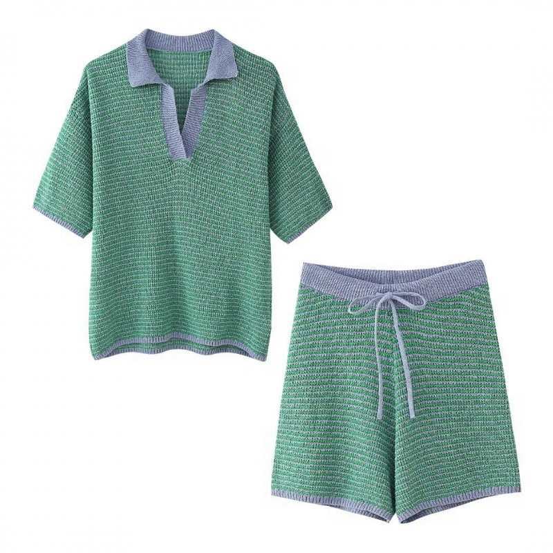 Knitted High-Waist Suit Top New Women's Collar Knitted Shorts Shirt Loose European and American