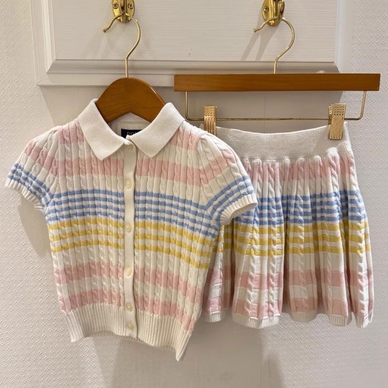 Picture of Girls' Colorfulful Knitted Suit New Style Summer Sweet Colorfulful Stripesd Knitted Top and Skirt Two-Piece Set