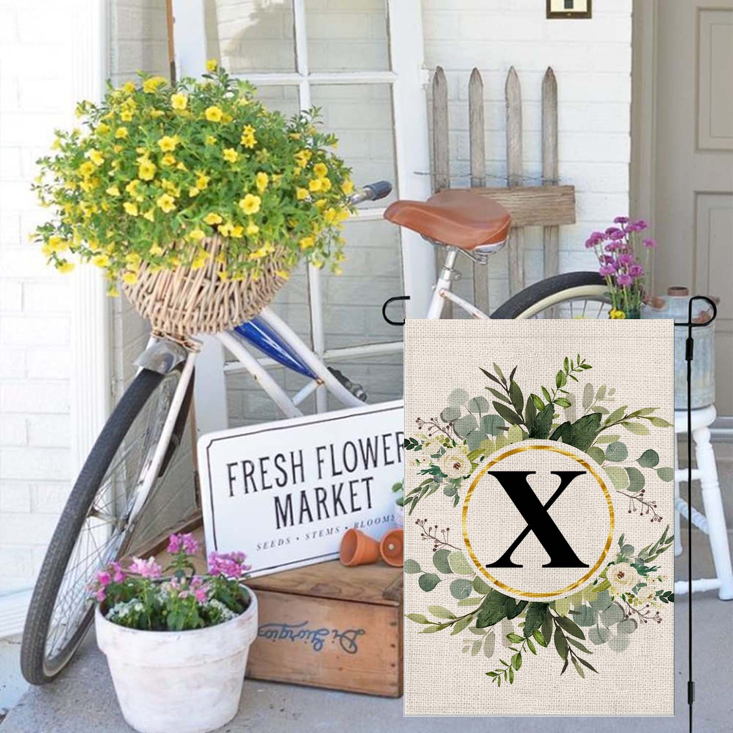Picture of Simple ins style 26 letters + green plant printed linen garden flag surname initials courtyard door flag