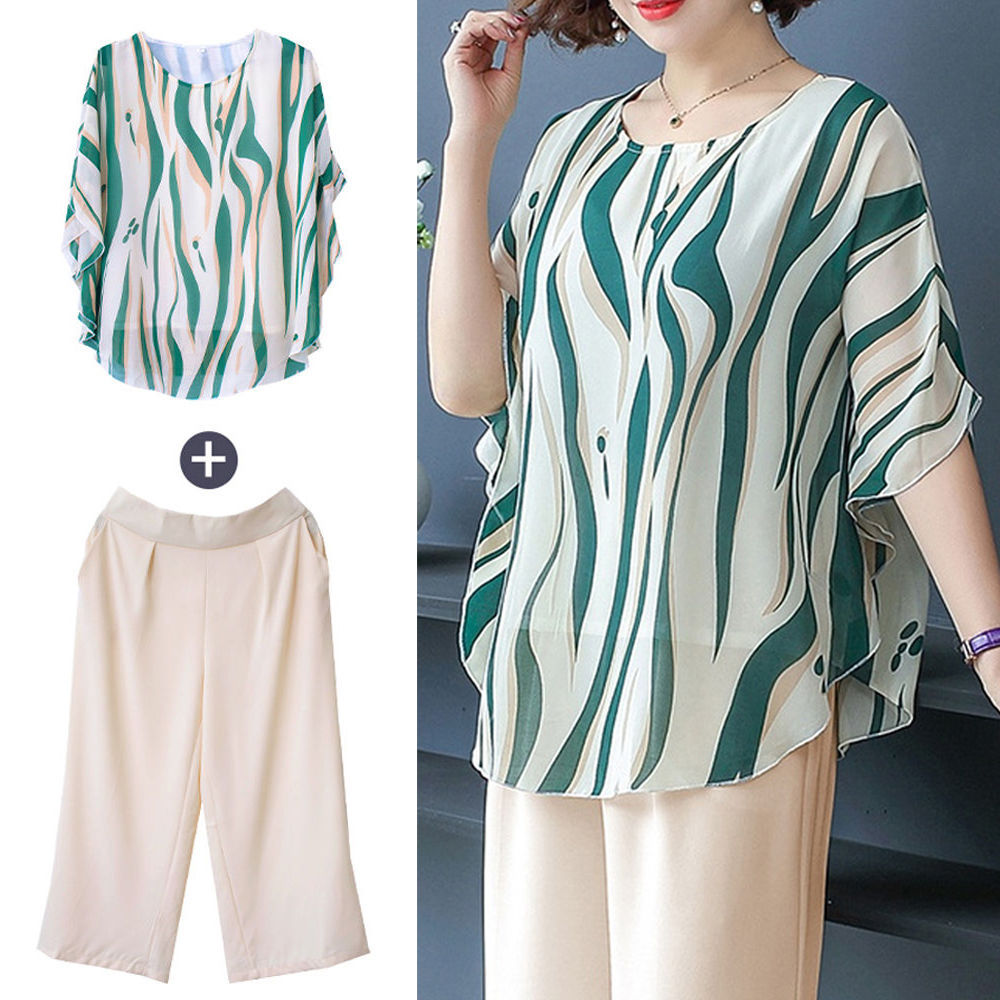 Picture of Middle-aged and elderly mother's two-piece summer 40-50 year old chiffon shirt women's top summer foreign style women's suit 60