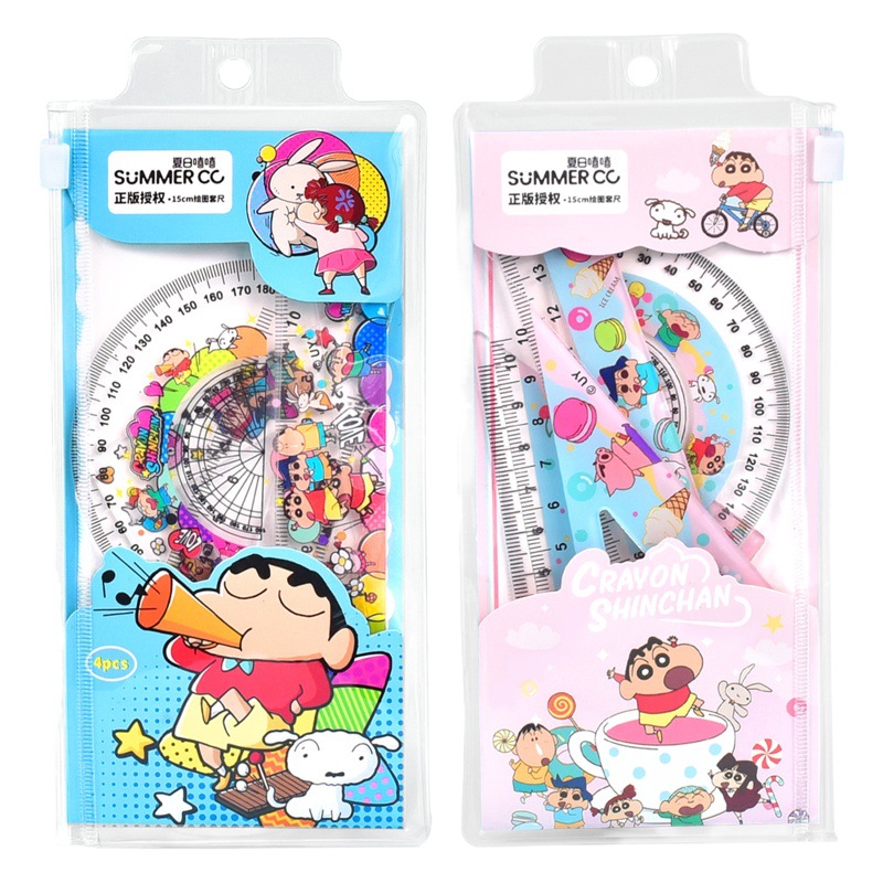 Crayon Shin-Chan Genuine Authorized* Cartoon Ruler 4-Piece Set of Ruler Triangle Ruler Multi-Functional Set of Ruler Scale Stationery