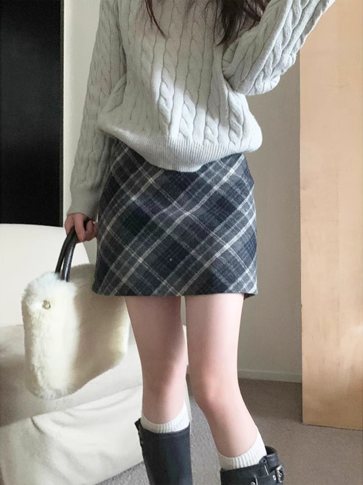 plus size Chubby Women's Woolen Skirt Autumn and Winter Vintage Skirt Women's High Waist A- Line Plaid Hip Skirt Pear-Shaped Figure