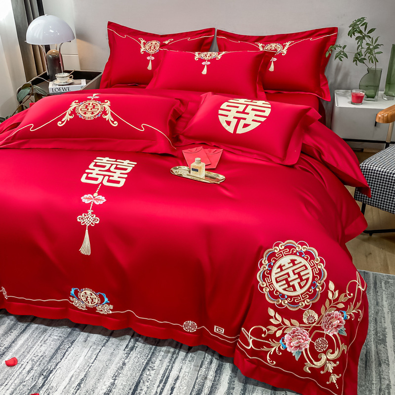 Picture of High-end European-style Wedding Four-piece Cotton Big Red Embroidered Sanding Quilt Cover Wedding Bedding Accompanying Wedding Room