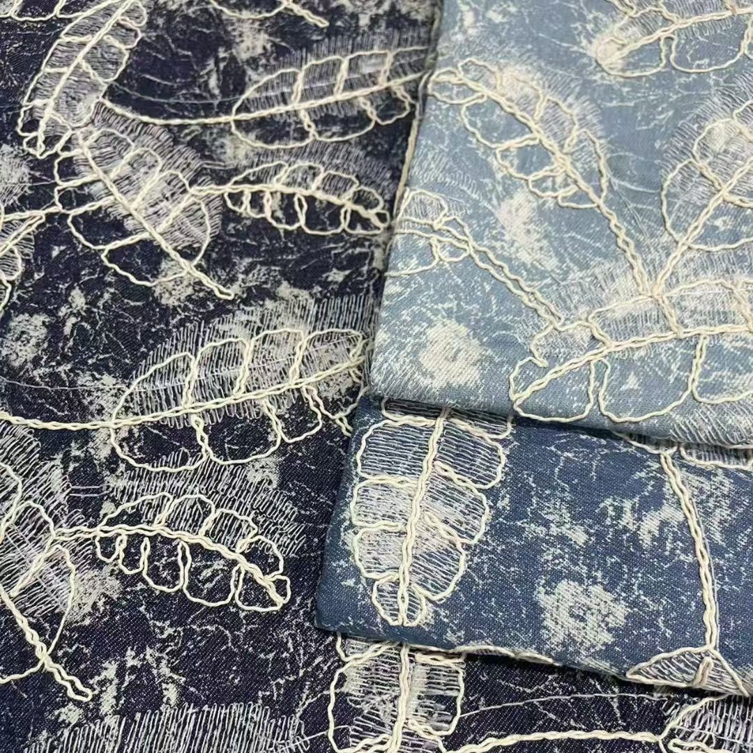 Feather embroidery twill denim denim denim denim pants jacket skirt bag clothing fabric in stock supply R16