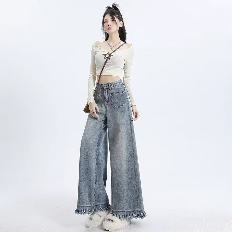 Vintage Jeans Women's Summer Small Height-Tall Design-Sense Rapped Elephant Leg Big Cuts Loose Wide Leg Long Pants