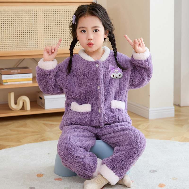 Picture of Children's Flannel Pajamas Winter New Girls' Thin Velvet Girls' Baby Children's Autumn and Winter Coral Velvet Home Clothes suit