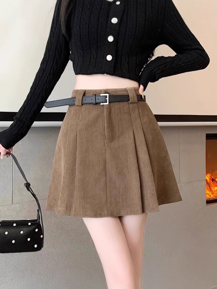 brown Corduroy Skirt Women's Autumn and Winter 2024 New High Waist Slimming A- Shaped Hip Pleated Skirt