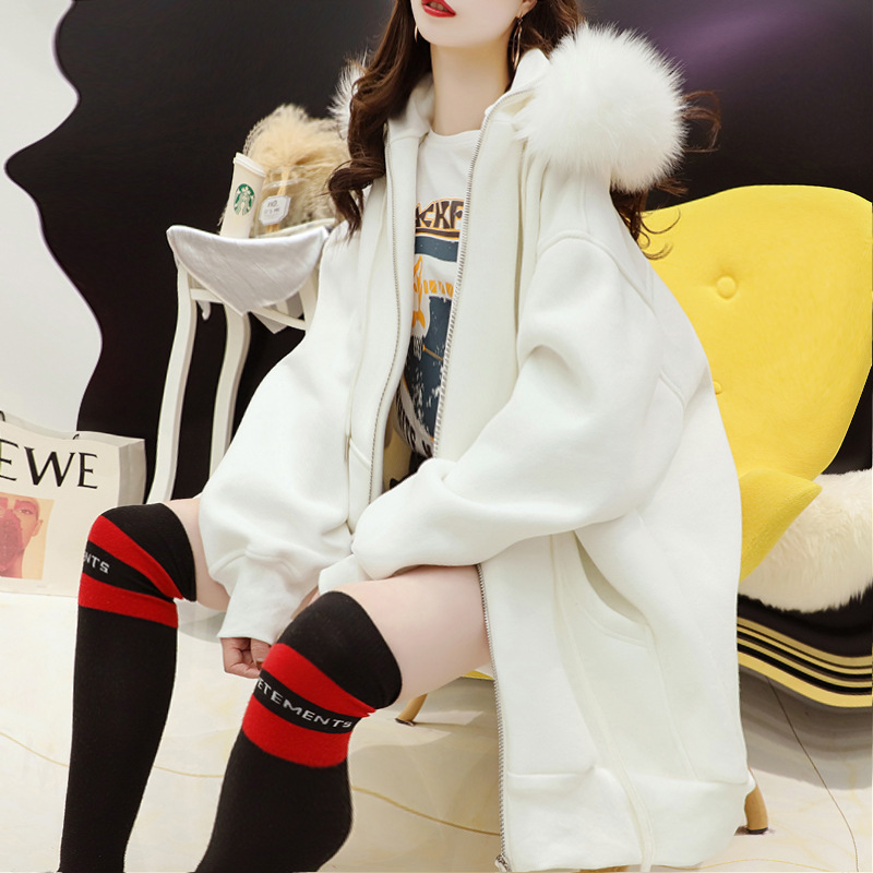 Picture of Mid-length Fleece-lined Jacket Women's Loose Korean-style All-match Solid Color Fur Collar Hooded Cardigan Women's Thickened Trendy Sweater