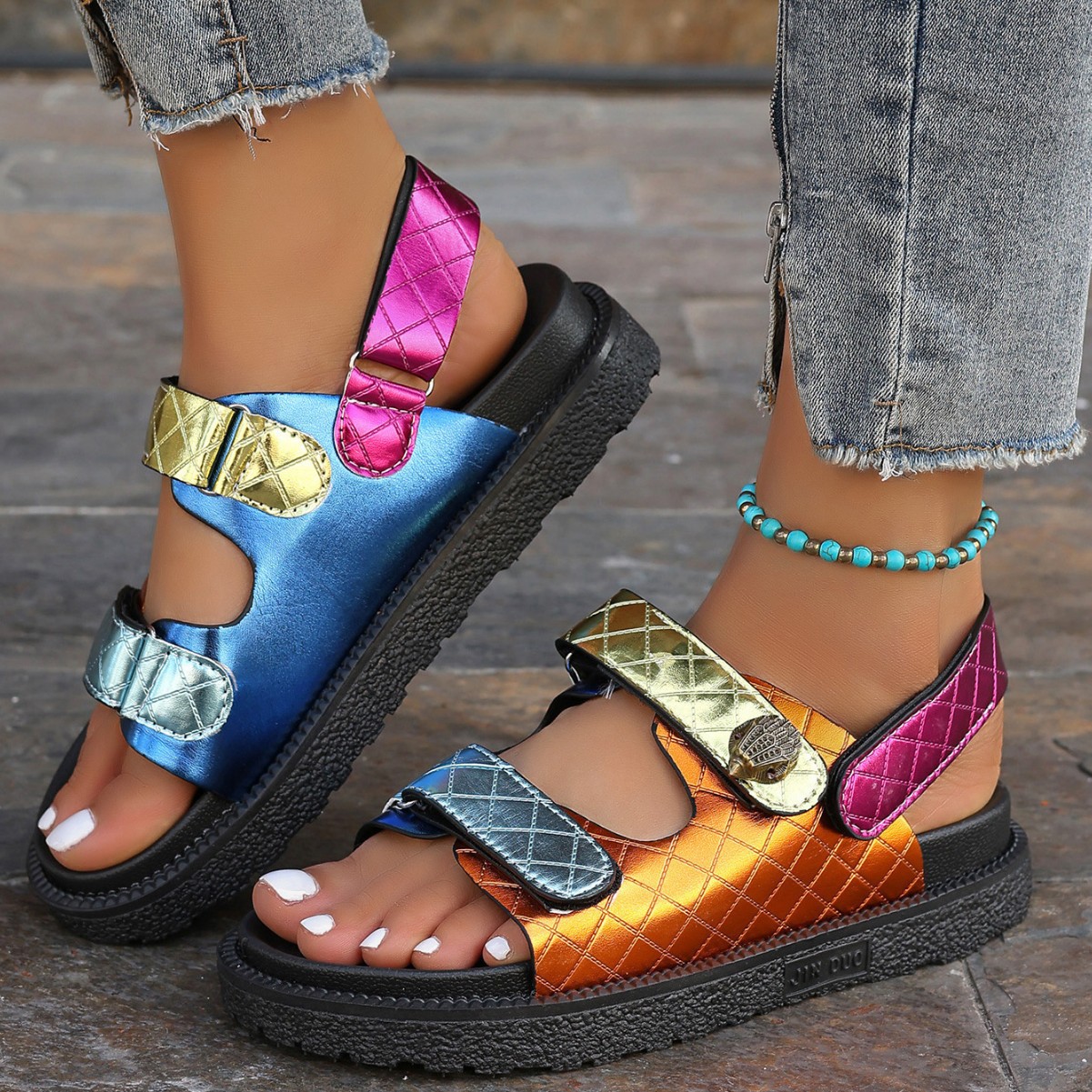 Foreign Trade Large Size European and American Round Toe Roman Sandals for Women Summer Outer Wear 2024 New Thick-Soled Colorful Small Fragrant Sandals