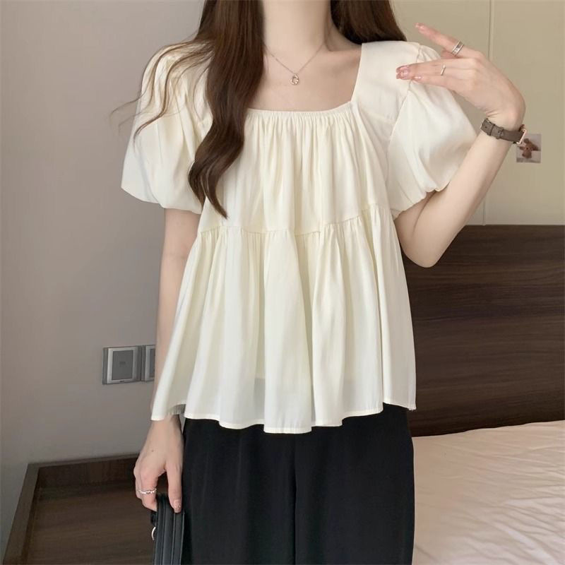 French Square-Neck Puff-Sleeve Blouse for Women, Summer 2025 New Short-Sleeve Doll Shirt with a Stylish Design, Tummy-Concealing Short Top