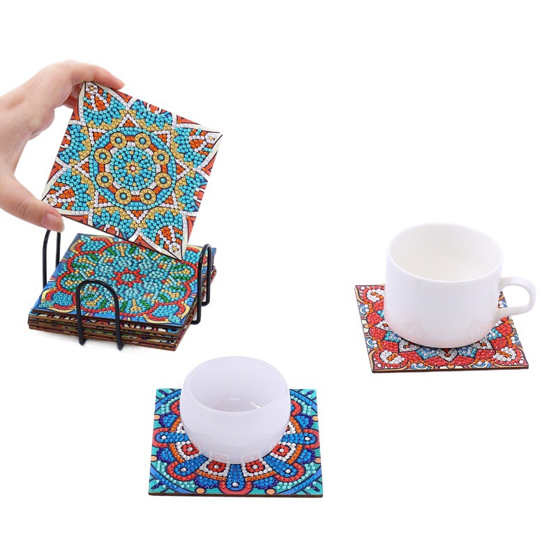 Cross Mirror 8 pieces DIY Crystal Super Flash Diamond painted wooden art coaster with stand mandala style