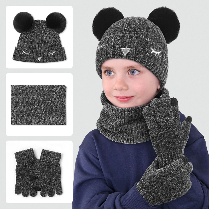 Cross-Border European and American Kidsren's Hat, Scarf and Gloves Three-Piece Set Autumn and Winter Style Three-Piece Warm Hat Set for 3-8 Years Old