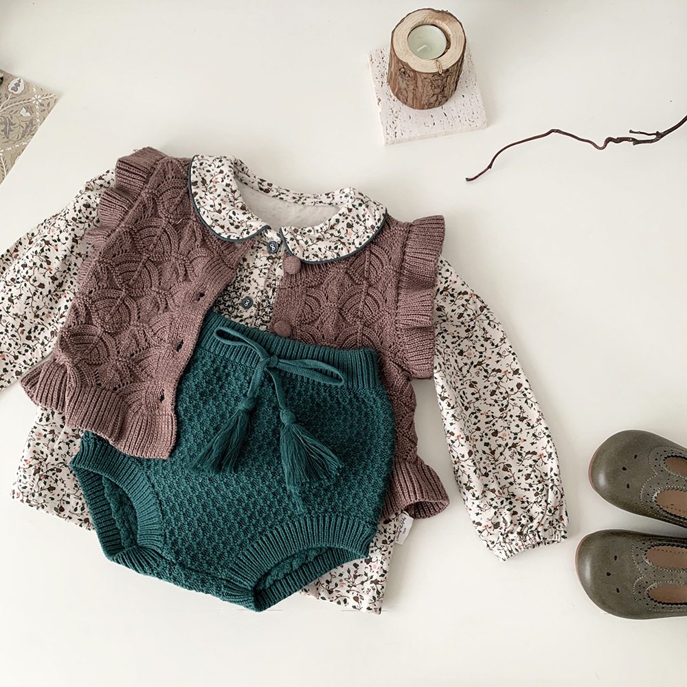 Picture of Cutemily Spring & Fall Cotton Baby Girl Cut Out Woolen Cardigan Vest Girl Baby Lotus Leaf Retro Short Vest