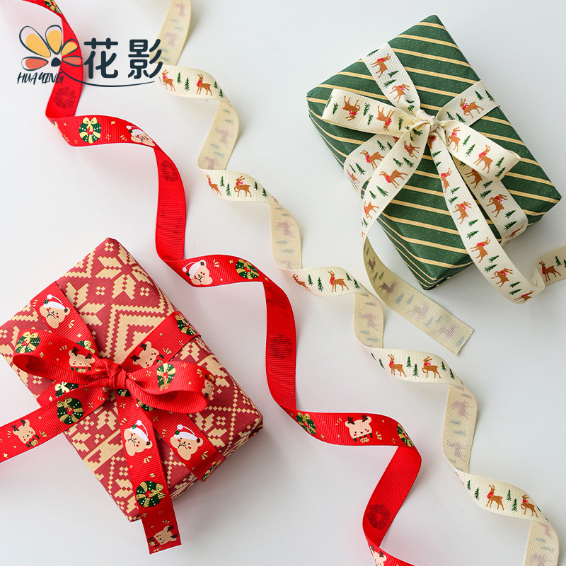 Flower Shadow Christmas Polyester Cotton Belt New Christmas Tree Elk Ribbon Holiday Decoration DIY Handmade Bow Bronzing Belt