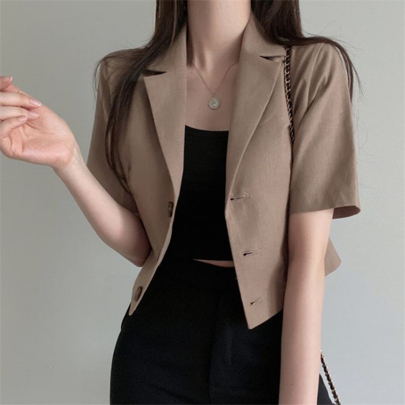 Korean-style Solid Color Short-sleeved Cotton and Linen Small Suit Women's 2022 Spring and Summer New Casual Elegant Short Suit Jacket