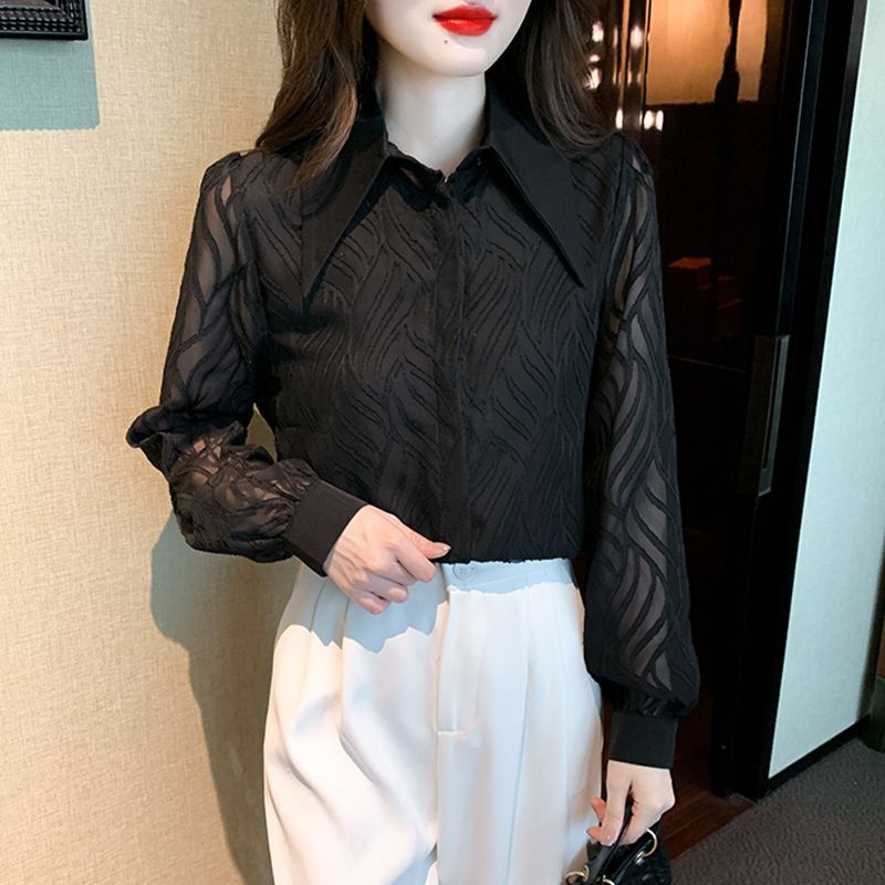 Picture of Black Chiffon Shirt for Women, Spring and Autumn 2024, Polo Collar, Niche Retro French Long-Sleeve Top, Chanel Style