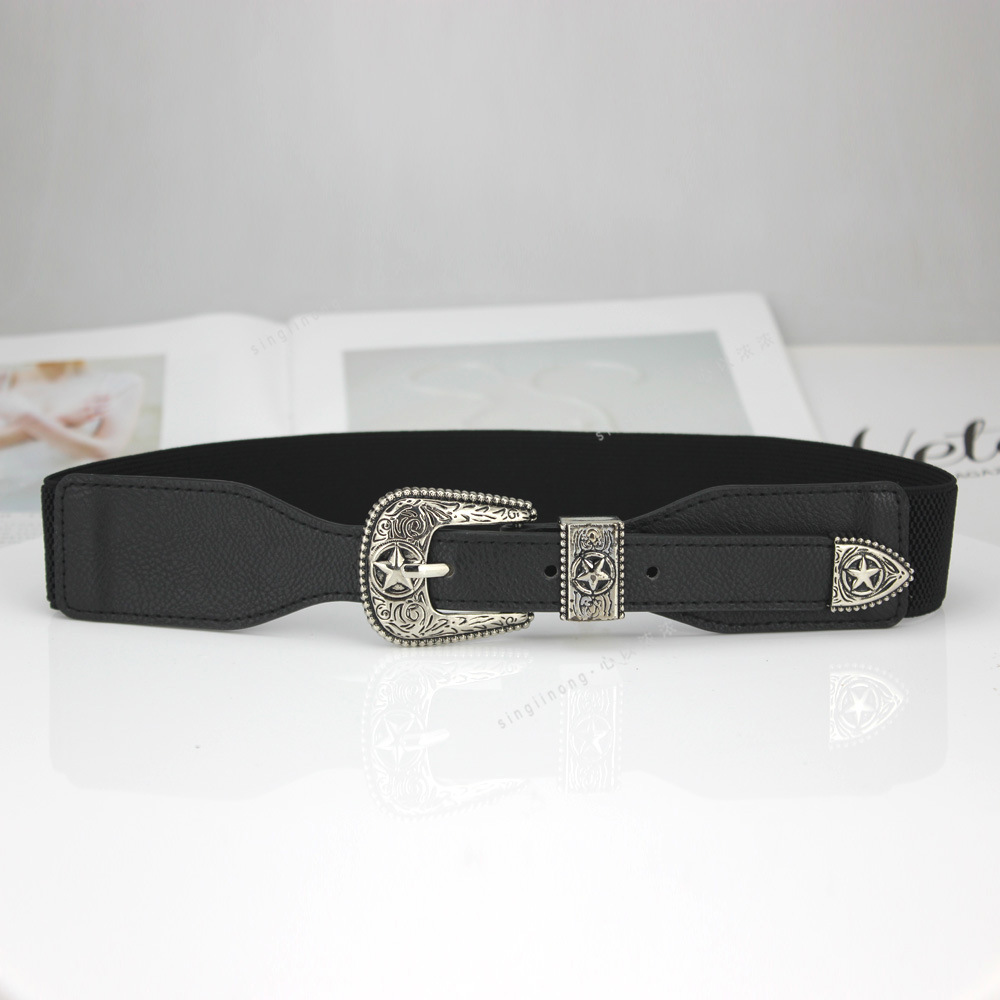 Vintage Carved Black Belt Elastic Waistband European and American Fashion Dress Versatile Suit Women's Decorative Jeans