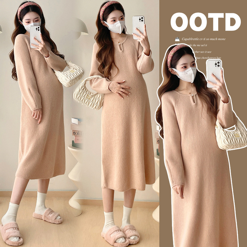 Internet Celebrant 2024 Autumn and Winter New Maternity Dress High-end Feeling Bottoming Outer Wear Lantern Sleeve Slimming Sweater Pregnant Women's Long Dress