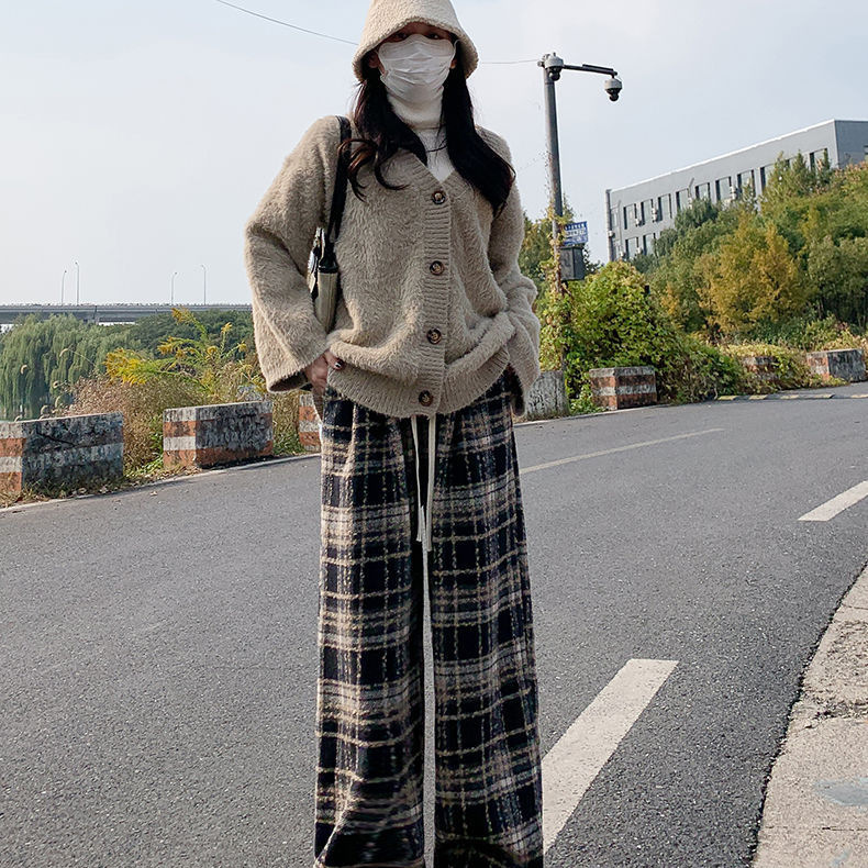Navy Blue Woolen Plaid Pants for Women Autumn and Winter Fleece-Lined 2025 New High-Waist Draped Wide-Leg Pants Spring & Fall Casual Pants