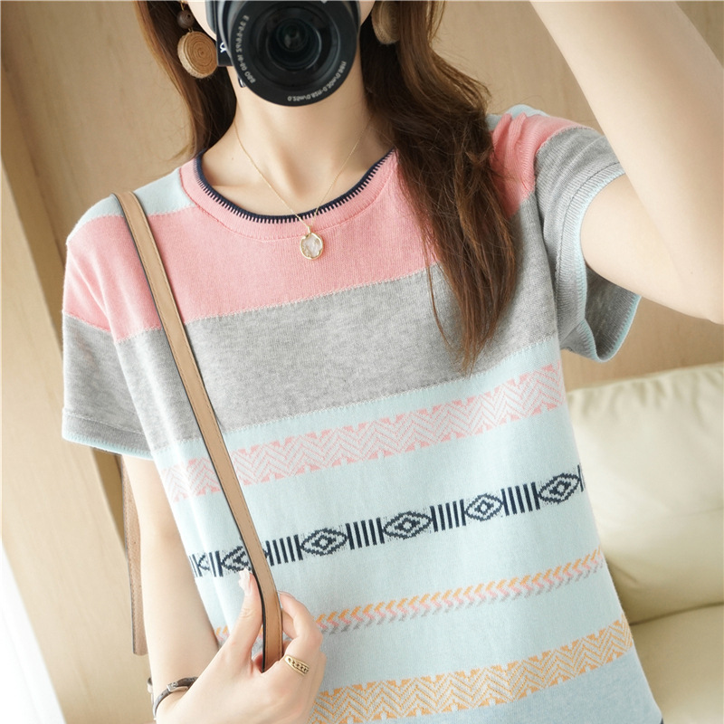 Summer Cotton and Linen Striped Short-sleeved T-shirt Women's 2022 New Cotton Contrast Color Rainbow Striped Sweater Slimming Top