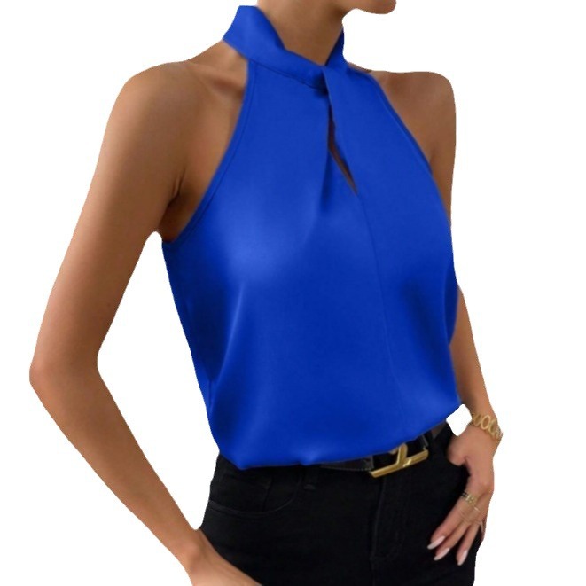 Picture of 2025 New Summer European and American Clothing Satin Halterneck Sleeveless Vest Satin Imitation Silk Top Wholesale in Stock