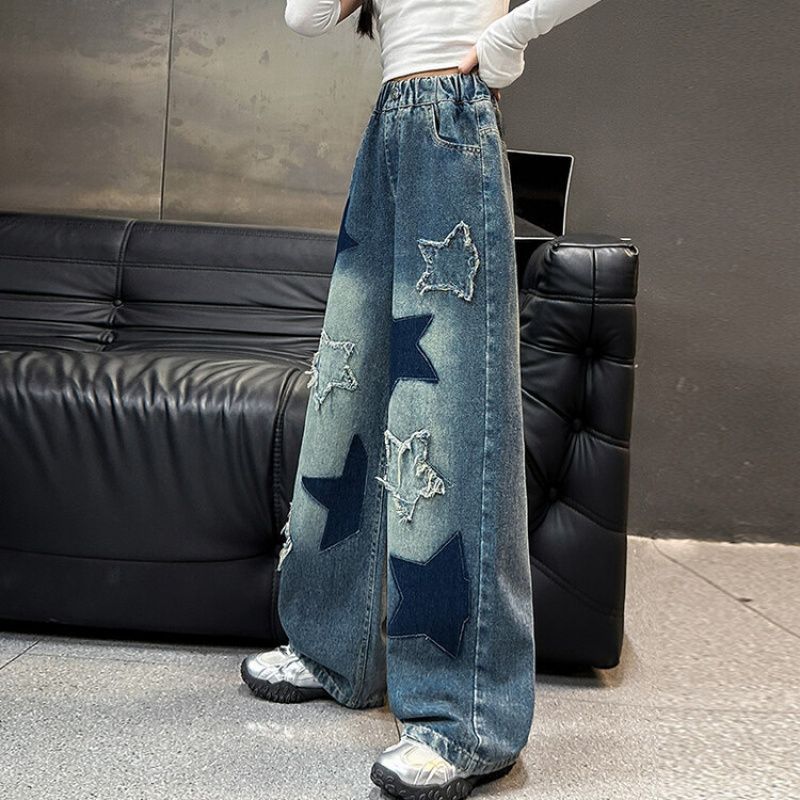 Picture of Girls' Autumn Pants 2025 New Korean Style Middle and Big Kids Loose Fashionable Cloth Embroidered Five-pointed Star Wide-leg Pants