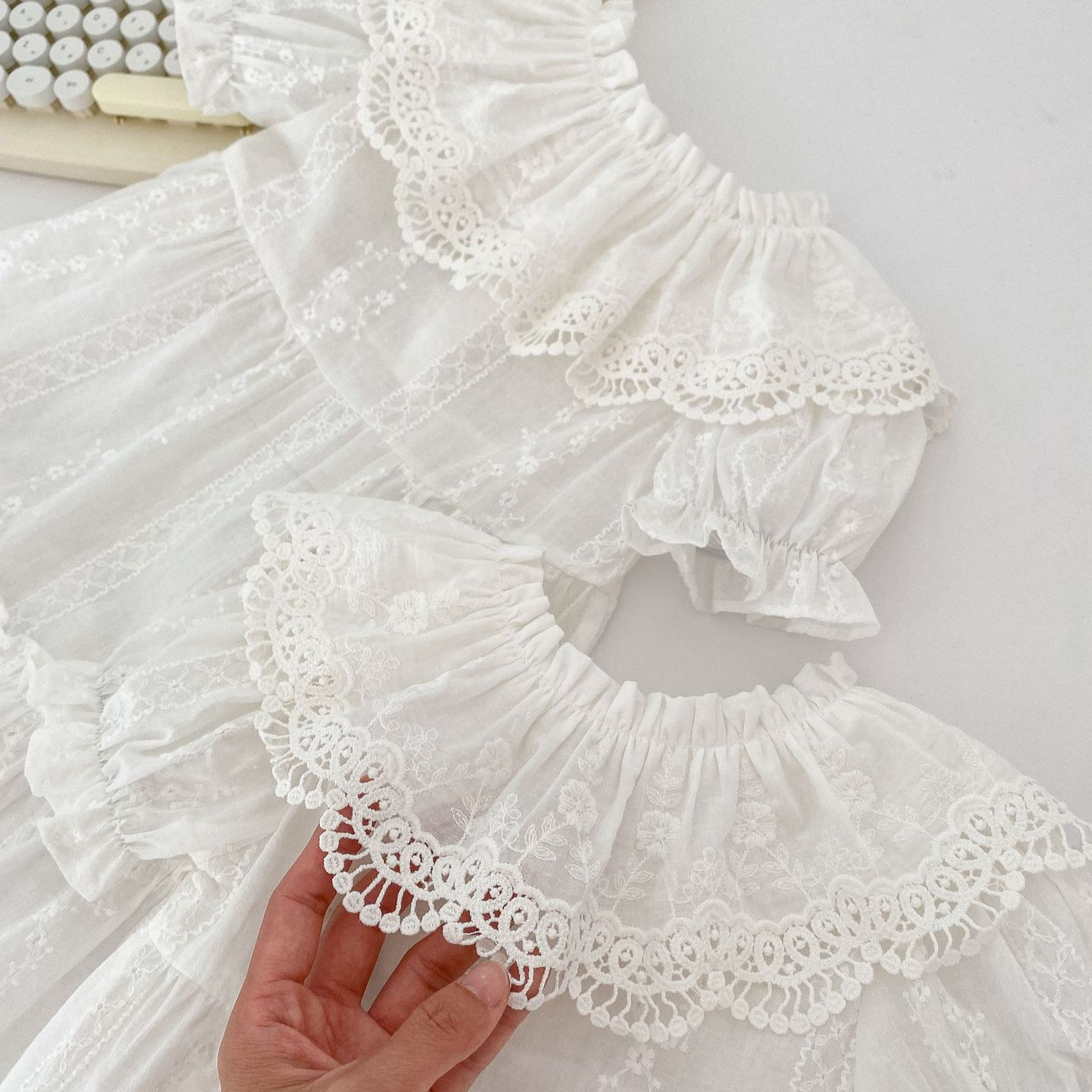 Picture of INS Summer New Sweet Girls Lacy Collar Thin Bag Fat Clothes Climbing Clothes for Baby Girls Korean-style Hakai Sisters