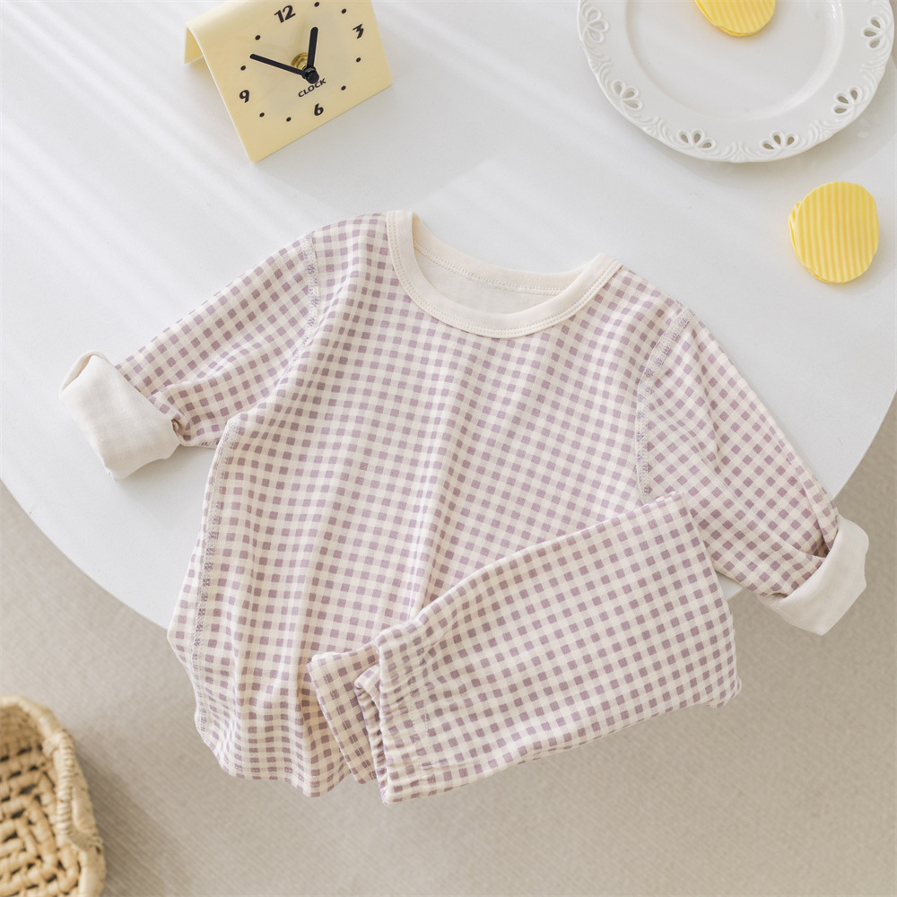 Picture of ins Plaid children's home wear underwear suit boys and girls baby bottoming clothes children's autumn clothes long pants suit