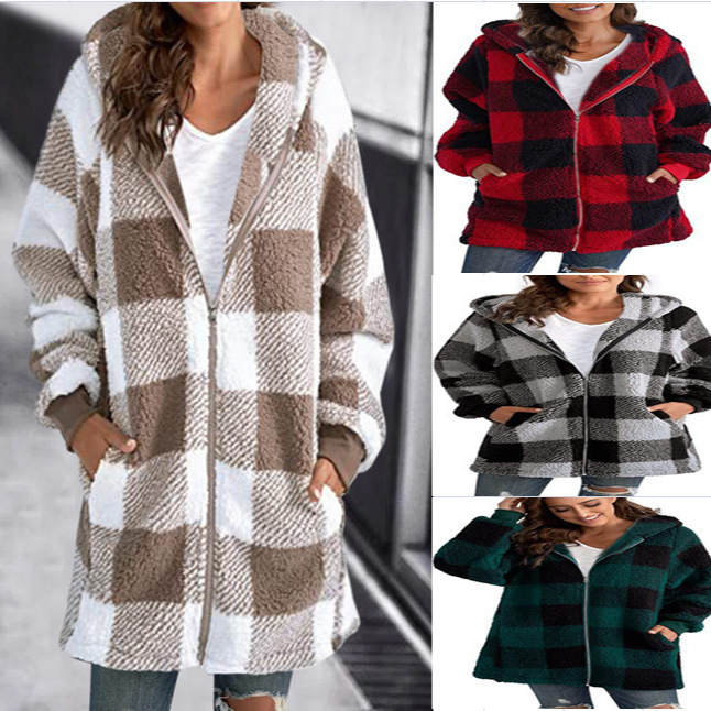 European and American plush women's coat 2022 new Amazon long sleeve plaid hooded zipper with pocket loose coat
