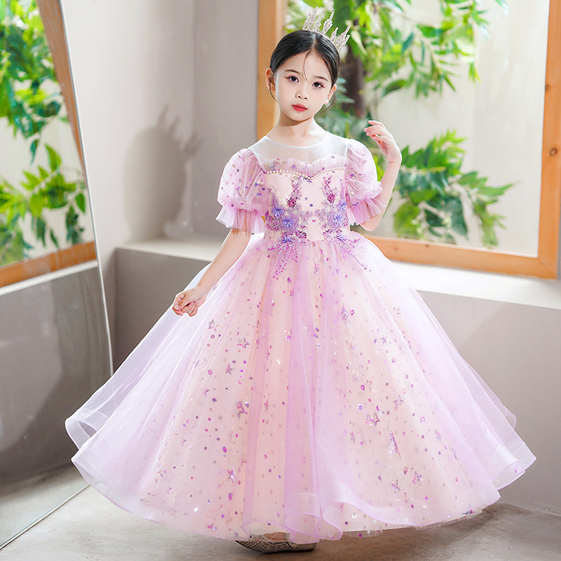 Girls' dress Short-sleeved Puffy Vacant Gauze Children's Dress Princess Dress Western Style Piano Host Performance Dress