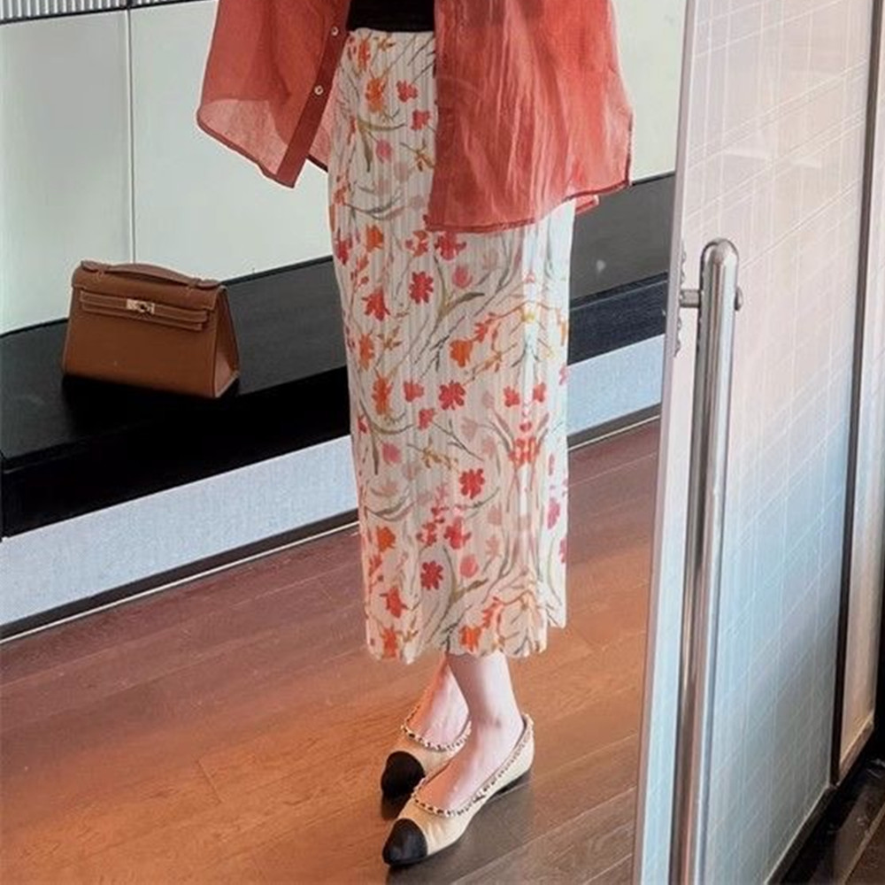 Picture of Niche design pleated skirt spring and summer thin elastic waist printed slimming age-reducing hip slit pleated skirt