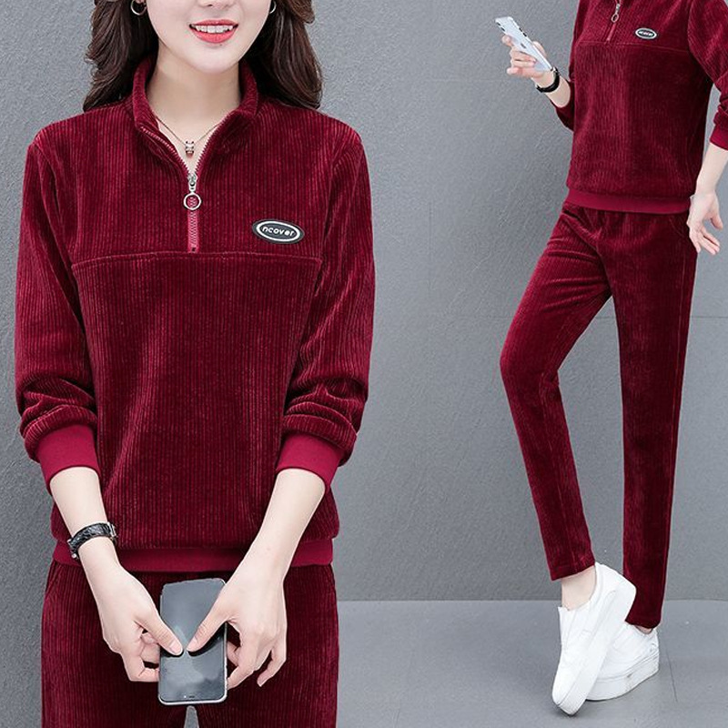 Corduroy Sports suit Collar Simple Autumn and Winter New Loose plus size chubby girl Western Style Middle-aged Women's Two-piece Set
