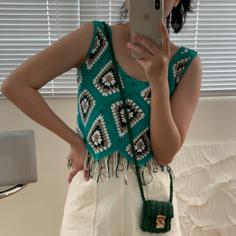 Bohemian style hollow-out crocheted tassel camisole women's summer thin outer wear slimming retro rhombus top
