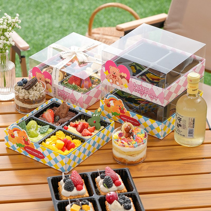 Trendy Four-Grid Cake Box Four-Piece Joy Cake Box Portable Afternoon Tea Break Picnic Dessert Baking Packaging Box