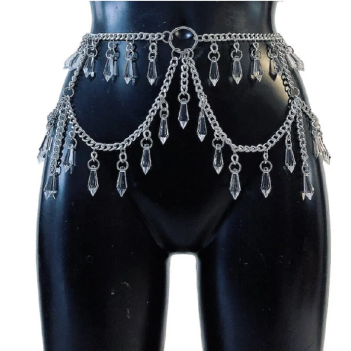 L4785Y European and American body chain transparent crystal gem pendant tassel chain metal chain waist chain body chain