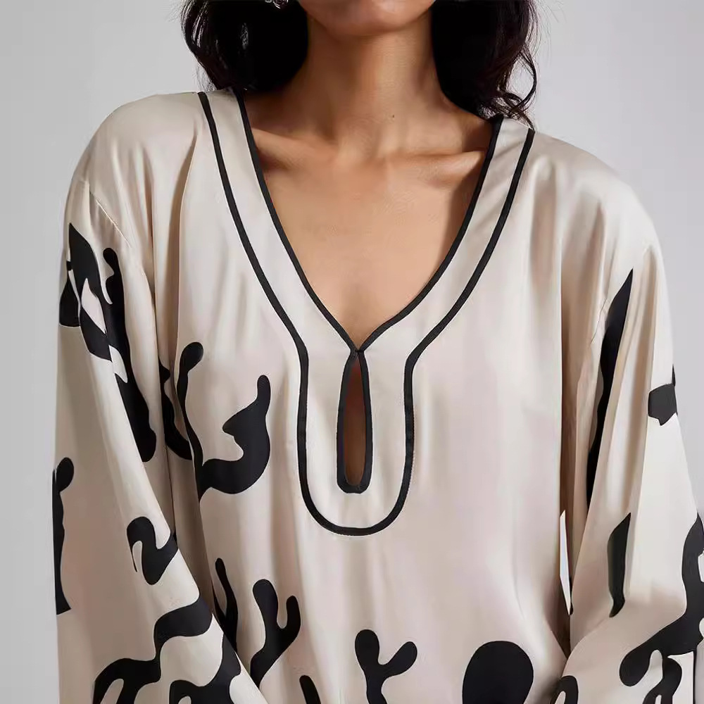 2024 Autumn European and American Amazon Foreign Trade Women's New Long Sleeve Printed Short Sleeve Loose Elegant Dress for Women