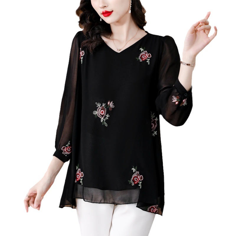 Picture of Real Shot of 2025 Autumn New Plus-Size Women's Fashion Slimming Chiffon Long-Sleeve Top That Covers the Belly