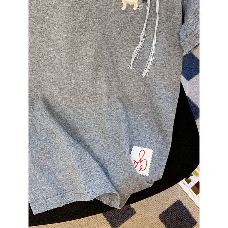 Picture of Cotton Back Bag Collar Round Neck Diamond-encrusted Grey Puppy Embroidered Short-sleeved T-shirt Women's 2024 New Loose Niche Top