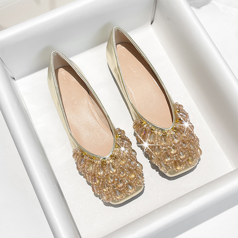 French rhinestone flat shoes women 2025 spring new shallow mouth soft bottom handmade beaded shoes live explosion foreign trade