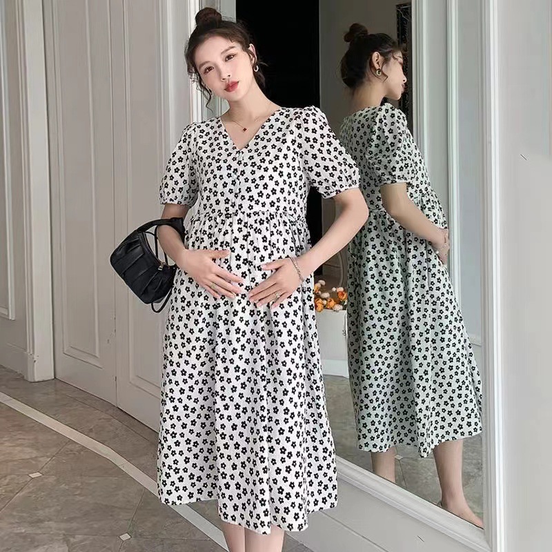 Picture of Maternity Summer Loose Slimming Mid-length dress Fashionable Elegant V-neck Floral Outgoing Summer Breastfeeding Clothes