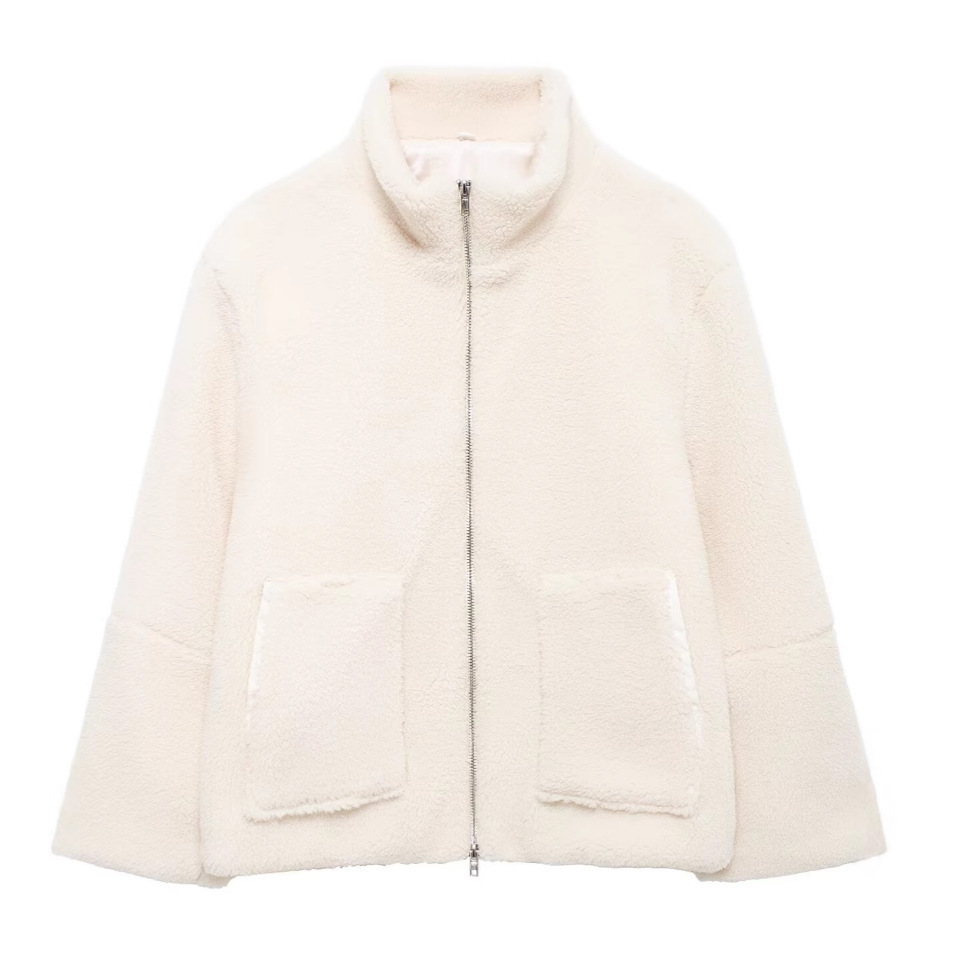 Picture of Large-Pocket Solid-Color Plush Coat Women's European and American Large-Pocket High-Neck Plush Coat