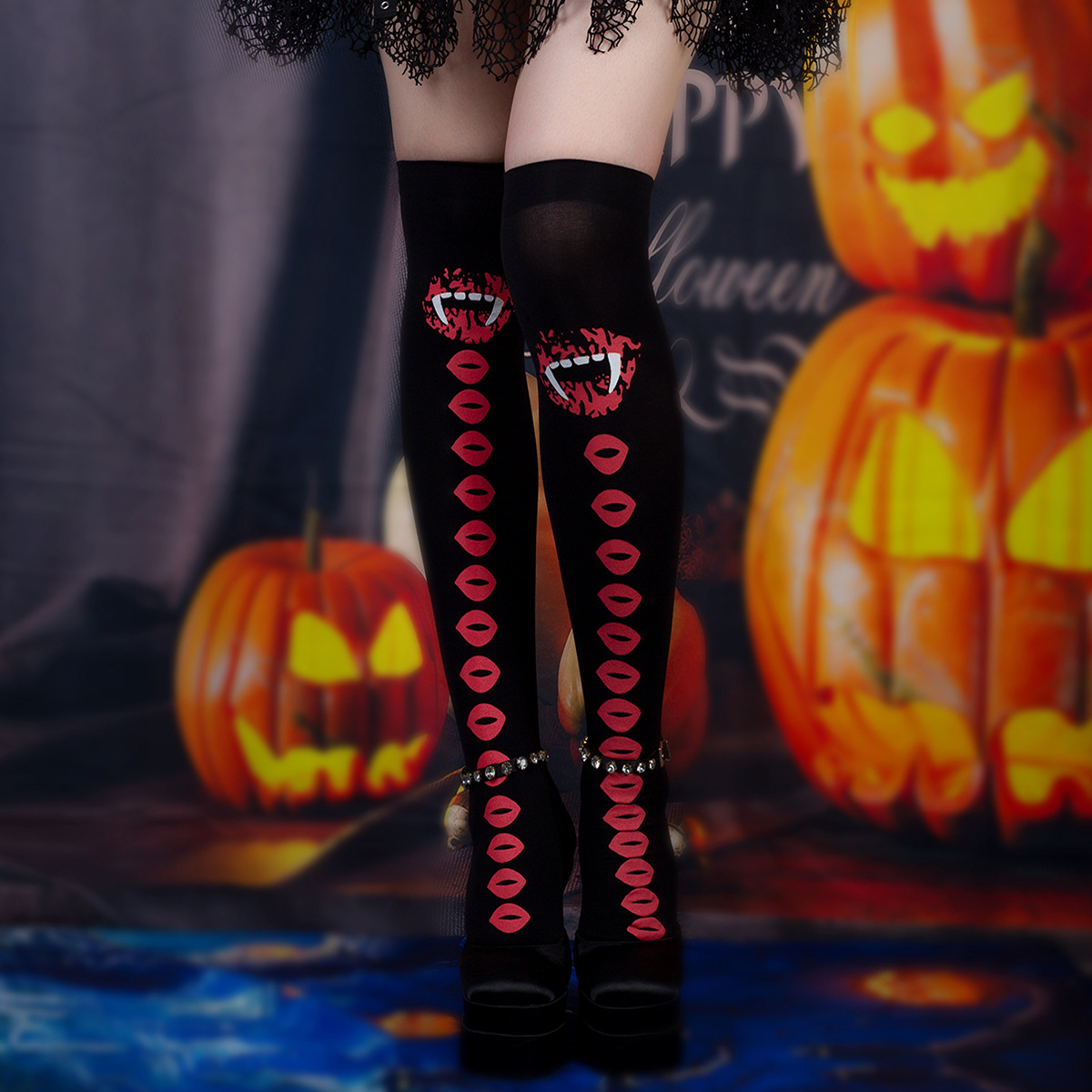 Over-the-knee women's summer black stockings lip socks mid-calf high-calf long ghost festival party Halloween dark stockings